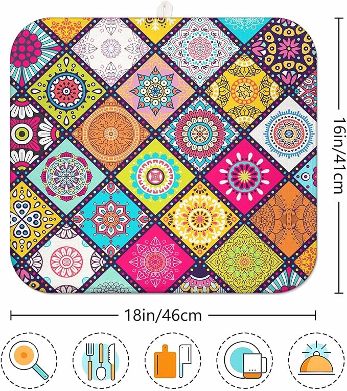 Boho Drying Mat 16" X 18" Abstract Plaid Kitchen Counter Stone Large Dish - Image 5