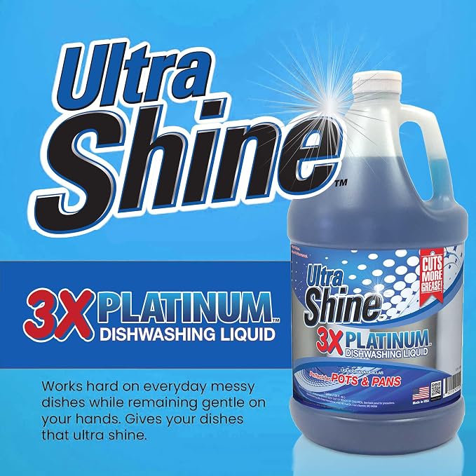Ultra Shine™ 4 Pack 3X Platinum™ Dishwashing Liquid, Powerful Grease Remover, 1 Gallon - Concentrated Dish Cleaner Soap for Commercial Kitchens, Restaurants & Home Cleaning, Gentle on Hands & Skin