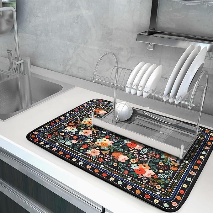 Floral Microfiber Dish Drying Mat Large Absorbent Dish Drainer Rack Pad - Image 5