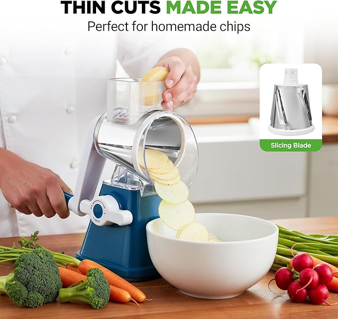 NutriChef 3 in 1 Cheese Grater & Shredder | Strong Suction Base, Rotary Handle - Image 6