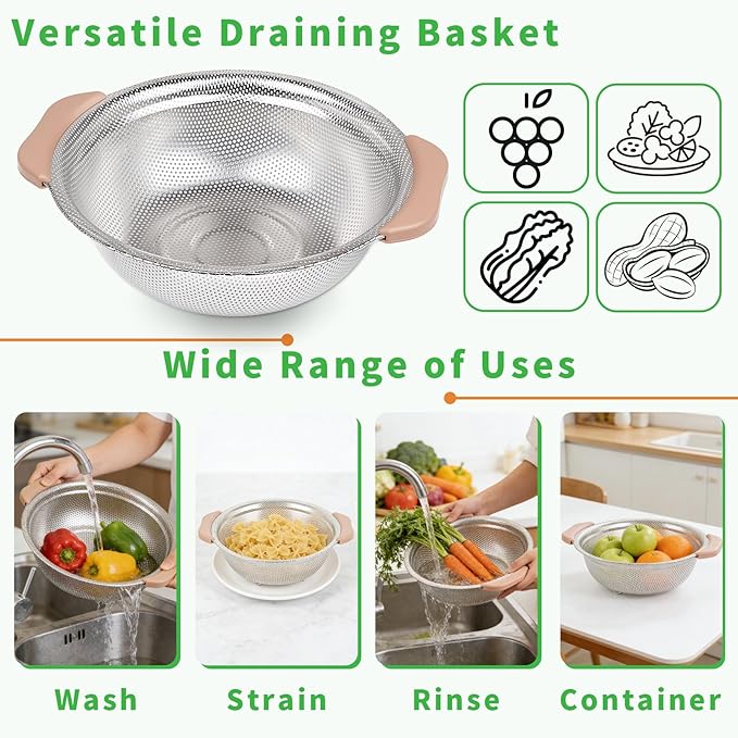 Colander Set with Plastic Handles, Stainless Steel Micro-Perforated Colanders - Image 5