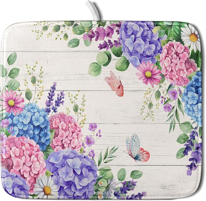 Hydrangea Floral Dish Drying Mat 16x18 inch Spring Summer Decorative Fast Dry by Giwawa