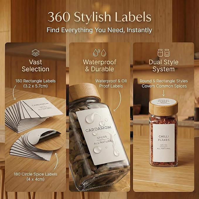 Glass Spice Jars with 360 Labels -24 pcs- 4oz- Spice Containers with Bamboo - Image 3