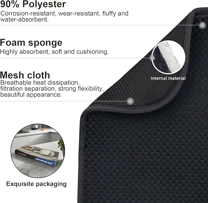 Black Dish Drying Mat XXL 17”x24” – Absorbent Kitchen Drying Mat - Image 4