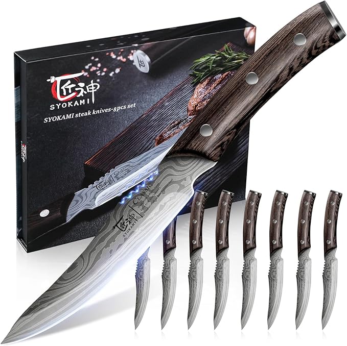 SYOKAMI Steak Knives Set of 8, 4.8 Inch Carbon Steel Japanese Style Non by SYOKAMI