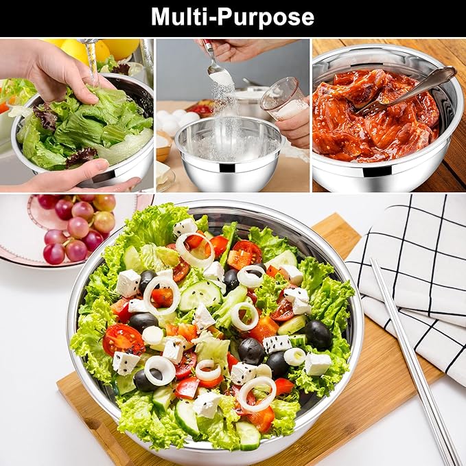 E-far Mixing Bowls with Lids, 6-Piece Stainless Steel Salad Bowls Metal Nesting - Image 4