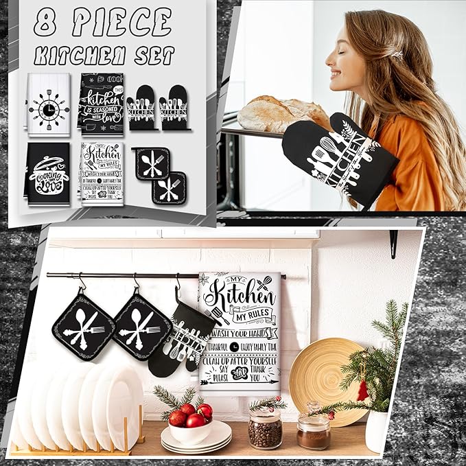Leinuosen 8 Pcs Cooking Kitchen Decor Accessories Set Farmhouse Towels Oven - Image 2