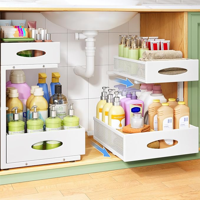 Under Sink Organizer, L-Shaped Adjustable Height, Mesh Sliding Drawer by Kitstorack