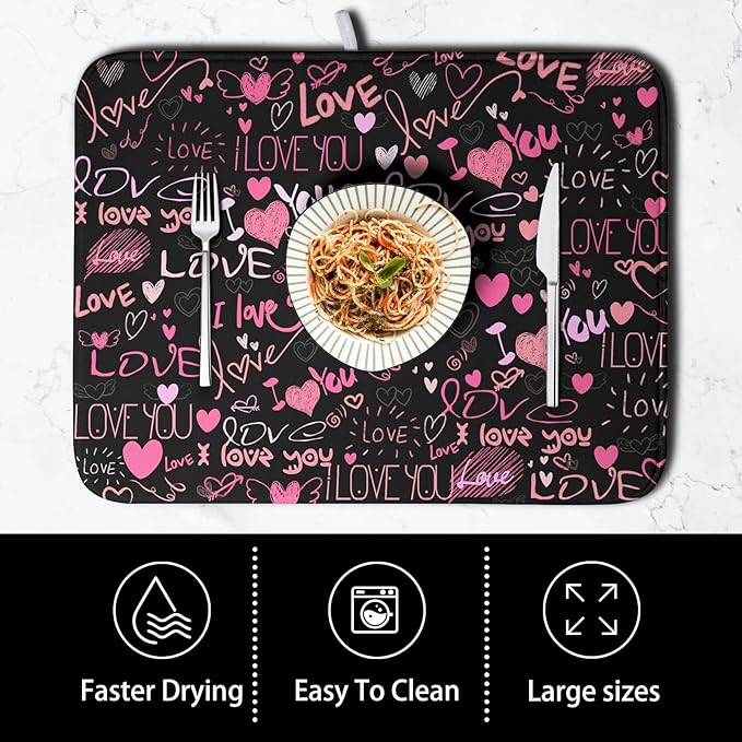Mother's Day Dish Drying Mat for Kitchen Counter Love Heart Black Drying Mats - Image 4