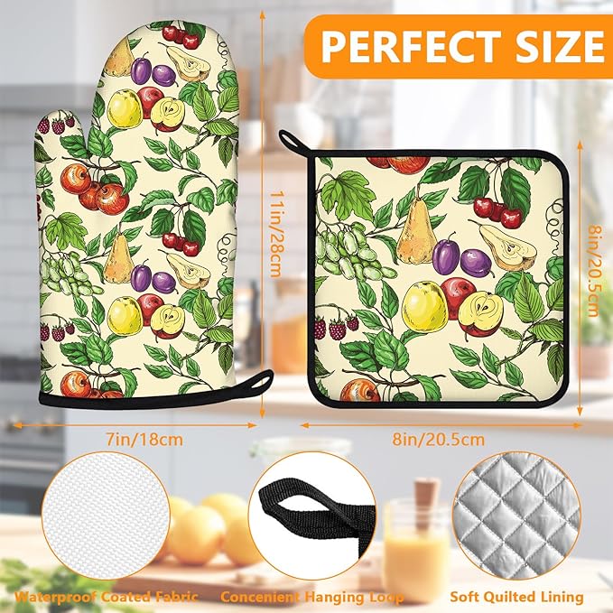 Fruit Oven Mitts and Pot Holders Sets 4Pcs, Extra Long Oven Gloves Potholder - Image 2