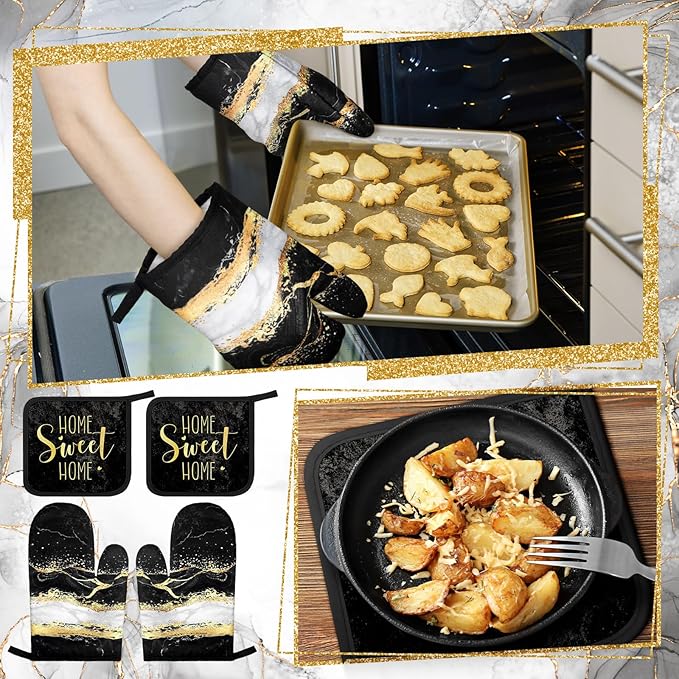 Bencailor 6 Pcs Marble Kitchen Decor Gold Pot Holders Oven Mitts 2 Dish Towels - Image 5
