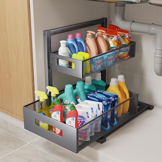 Petiza Under Sink Organizer Pull Out Cabinet Organizer Adjustable Height 2 Tier by petiza
