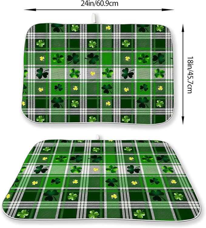 St Patricks Day Dish Drying Mat 18x24 Inch Green Lucky Shamrock Buffalo Plaid - Image 2
