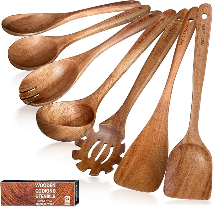 Wooden Utensil Set, WOTTISH 7Pcs Nonstick Wood Spatula, Wooden Kitchen Utensils by WOTTISH