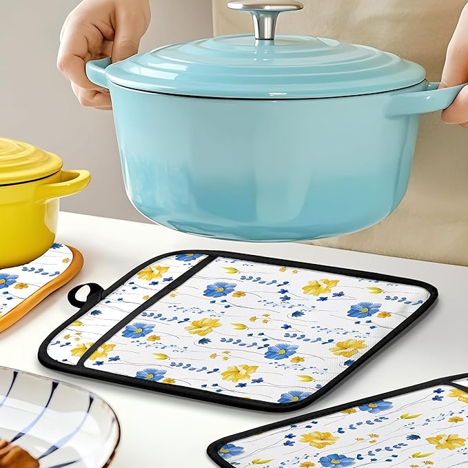 Blue and Yellow Floral Oven Mitts Set, Pot Holders - Image 6