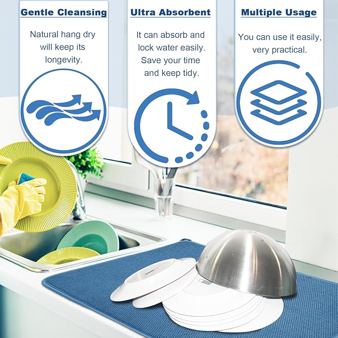 3 Pack XXL Dish Drying Mats, 24×17" Absorbent Microfiber Dishes Drainer Mats - Image 2
