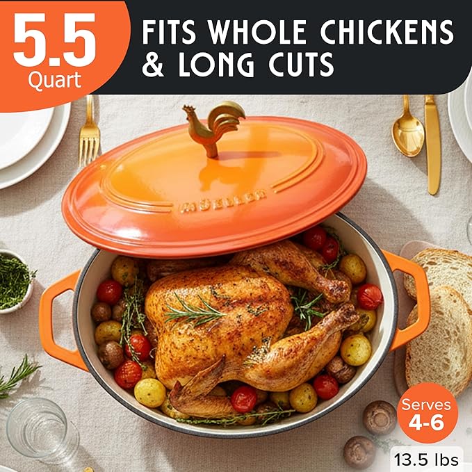 MUELLER HOME 5.5 Quart Enameled Cast Iron Oval Dutch Oven w Rooster Knob & - Image 3
