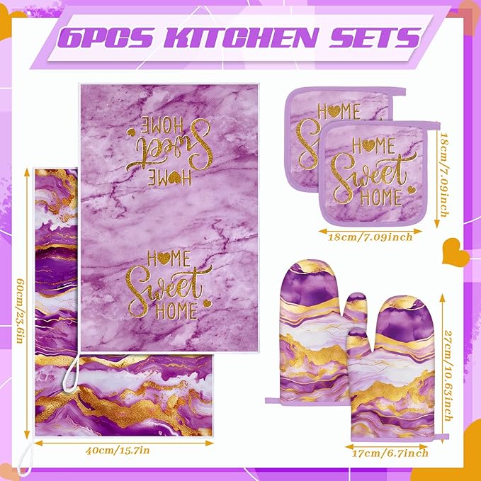 Bencailor Purple 6 Pcs Marble Kitchen Decor Gold Pot Holders Oven Mitts 2 Dish - Image 3