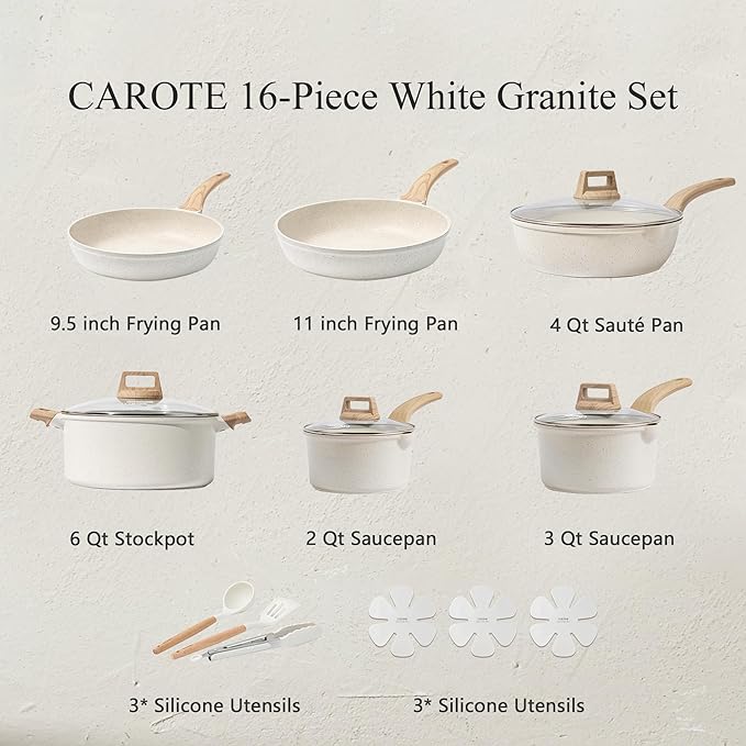 CAROTE 16 Piece Pots and Pans Set Nonstick, Non Stick Cooking Set w/Frying Pans - Image 2