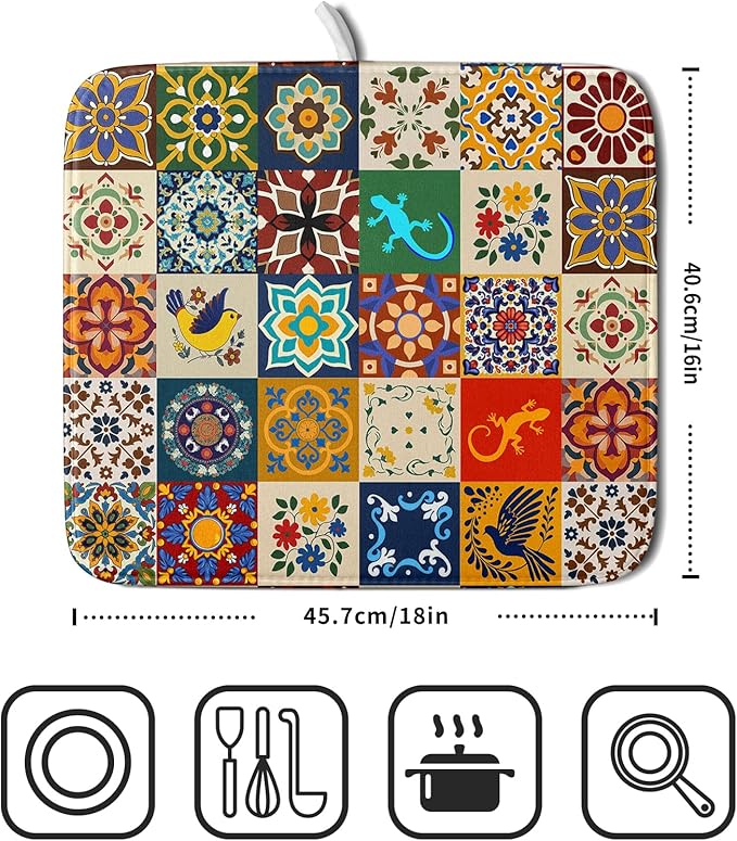 Giwawa Mexican Tile Dish Drying Mat 16"x18" Talavera Boho Floral Print Dish - Image 2
