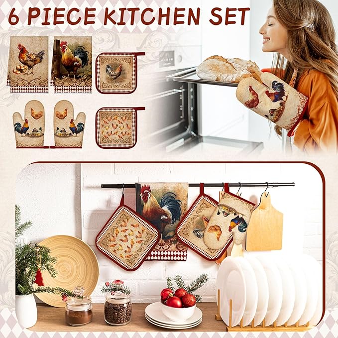 Leinuosen 6 Farm Rooster Farmhouse Kitchen Decor Dish Towels Oven Mitts and Pot - Image 2