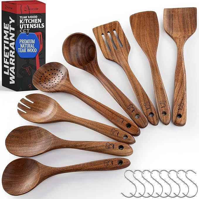 PriorityChef Wooden Spoons for Cooking, Premium 8pc Teak Wood Utensil Set by PriorityChef