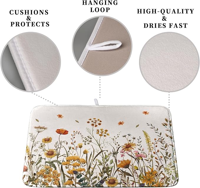 Fall Floral Dish Drying Mat for Kitchen Counter Autumn Burnt Orange Wild - Image 3