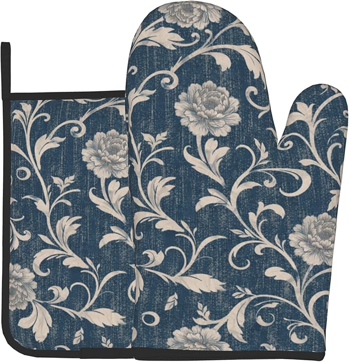 Navy Blue Oven Mitts and Pot Holders Vintage Floral Kitchen Accessories Set of by DZGlobal