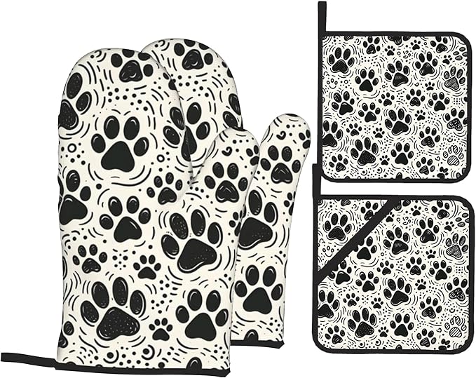 Black White Paw Oven Mitts & Potholder Set of 4 by Unknown