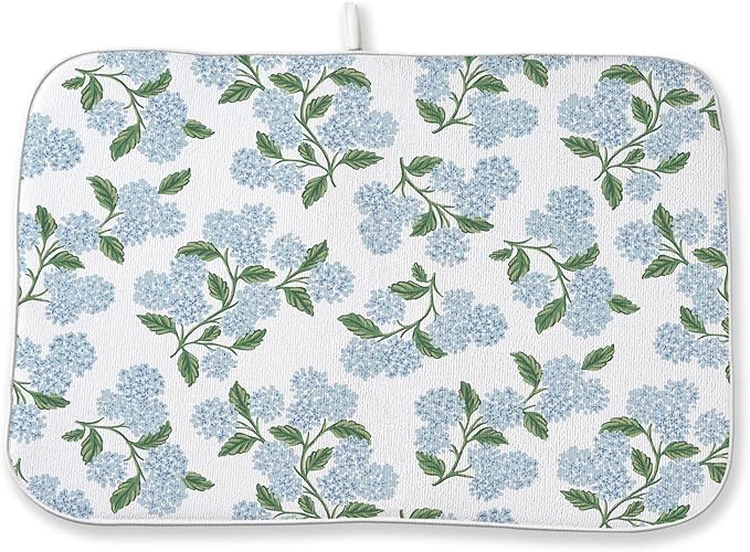 Blue Green Dish Drying Mat 18x24 Inch Vintage Floral Hydrangea Flower Drying by DAFENA