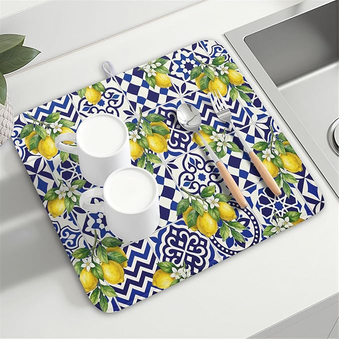 Lemon and Blue Tile Dish Drying Mat 16x18 Inch Absorbent Reversible Mexican - Image 8