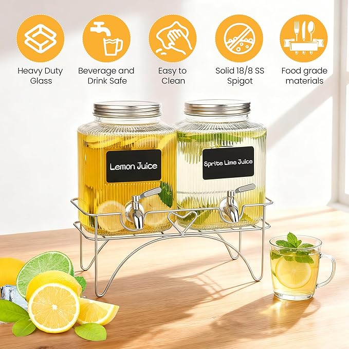 Lulonpon 2 x 4L Glass Drink Dispenser, Beverage Dispenser - Image 2