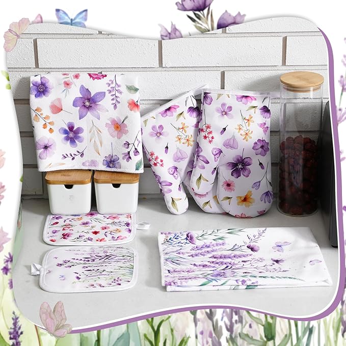 Spring Lavender Oven Mitts and Pot Holders Kitchen Dish Towels Set Purple - Image 6