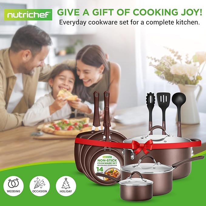 NutriChef 14-Piece Nonstick Brown Cookware Set - Image 8