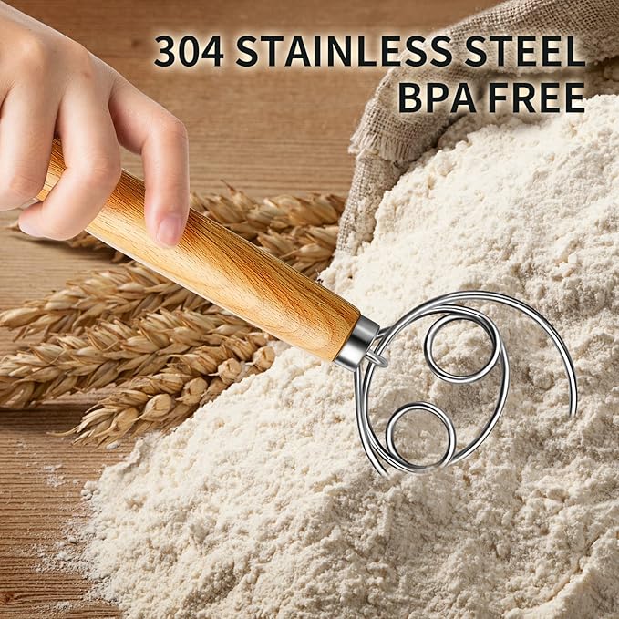TEEVEA Danish Dough Whisk Stainless Steel Wooden Handle - Image 3