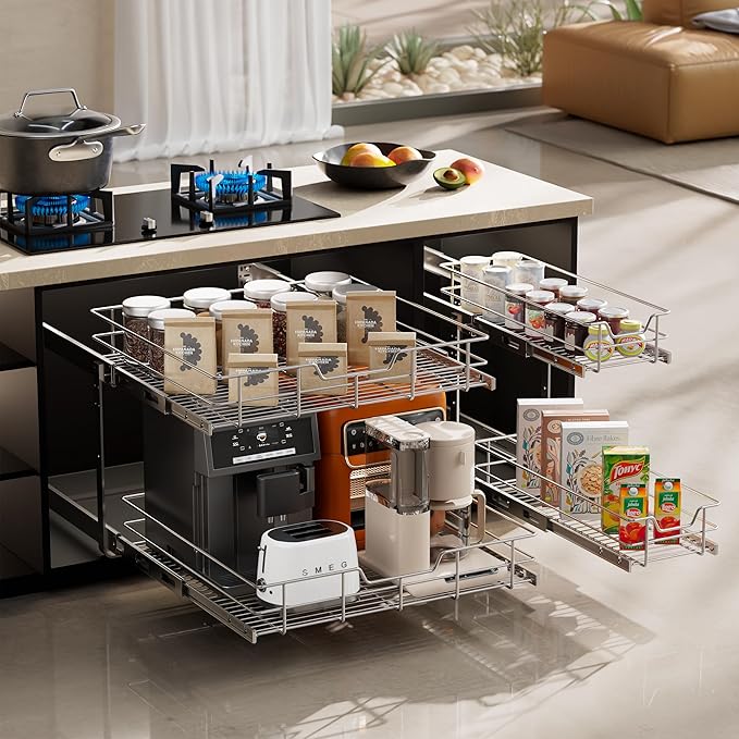 2 Tier Pull Out Cabinet Organizer 20" W X 22" D, Slide Out Drawers - Image 7