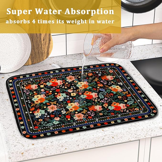 Black Flowers Dish Drying Pad Boho Floral Washable Microfiber Kitchen Mat - Image 7