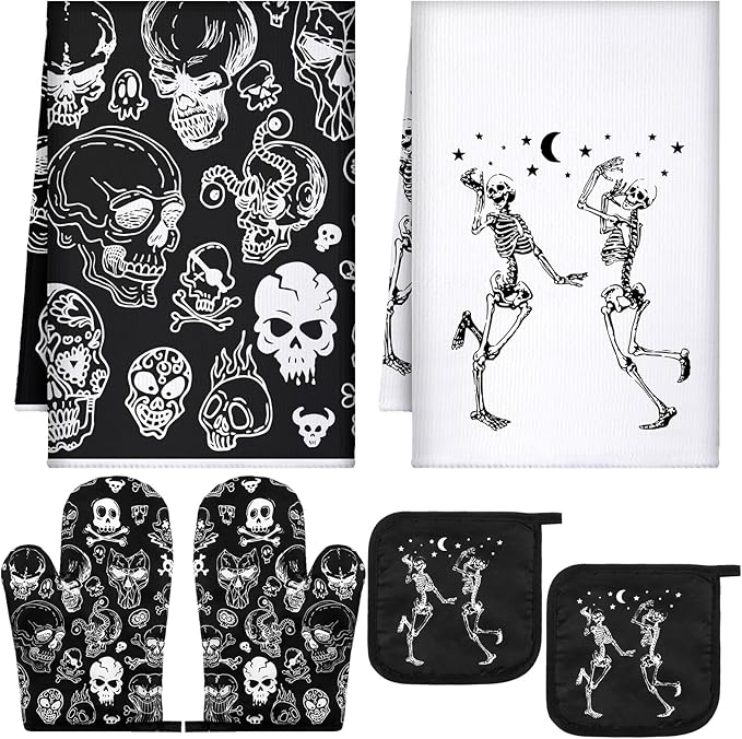 Leinuosen 6 Pcs Skull Kitchen Decor Set Kitchen Towels Gothic Oven Mitts and by Leinuosen