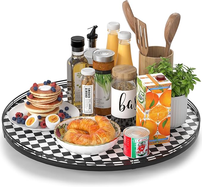 21" Black and White Kitchen Lazy Susan Turntable, Round Checkered Decorative by AMH