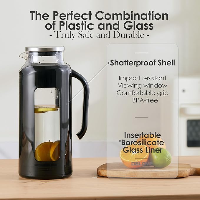 Delove Glass Pitcher with Lid & Shatterproof Shell – Heat-Resistant - Image 2
