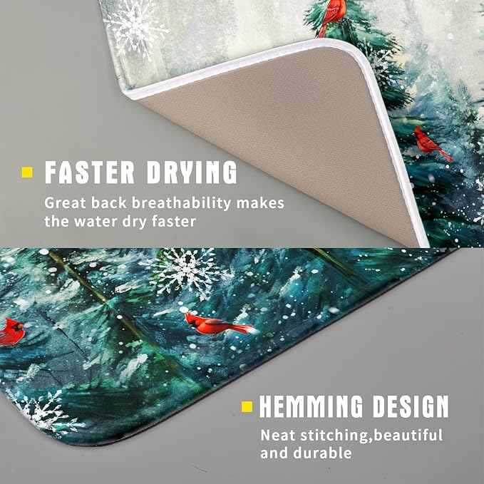 Pine Tree Dish Drying Mat for Kitchen Countertop Red Bird Dishes Mats Winter - Image 3
