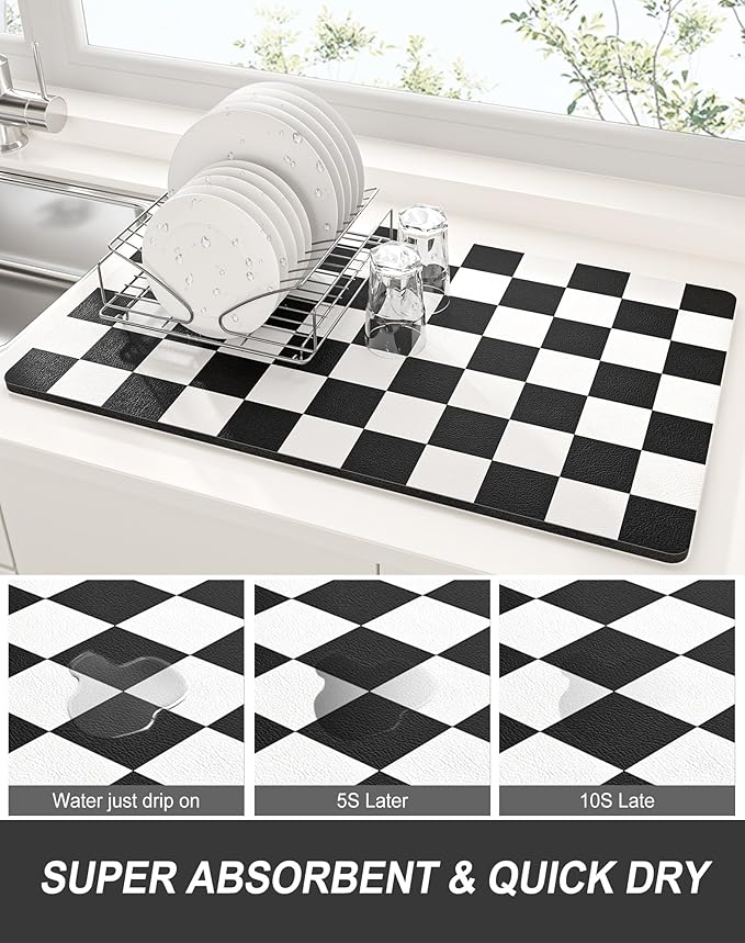 Rnivvi Dish Drying Mat for Kitchen Counter, XL 15 x 24" Cute Checkered - Image 3