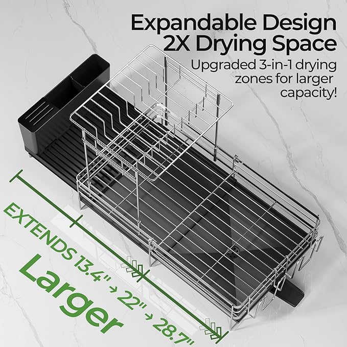 Large 2 Tier Dish Drying Rack, Extendable Dish Rack, Stainless Steel Anti-Rust - Image 6