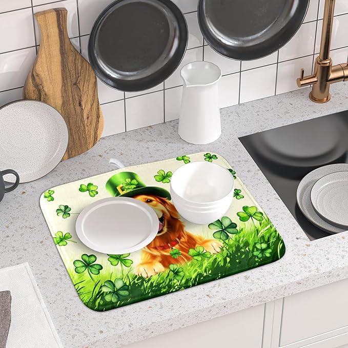 St Patrick's Day Dog Dish Drying Mat 16x18 inch Green Shamrock Dishes Pad - Image 6