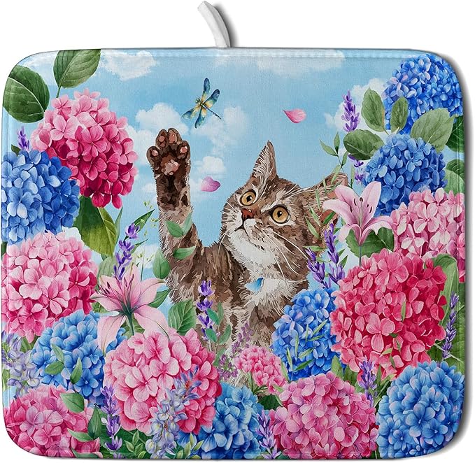 Hydrangea Floral Dish Drying Mat Cute Cat Microfiber Absorbent Dish Drying Pad by Giwawa