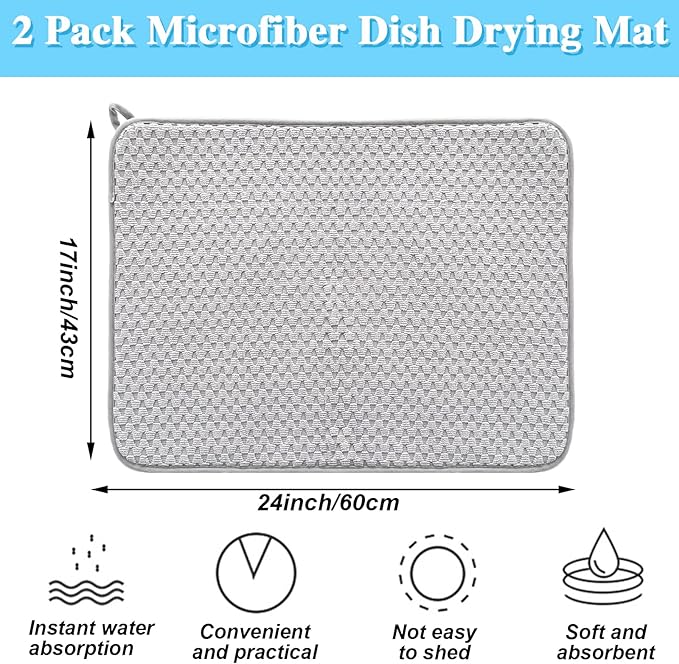 2 Pack Microfiber Dish Drying Mat, 24*17 inch Absorbent Dish Drainer Kitchen - Image 2