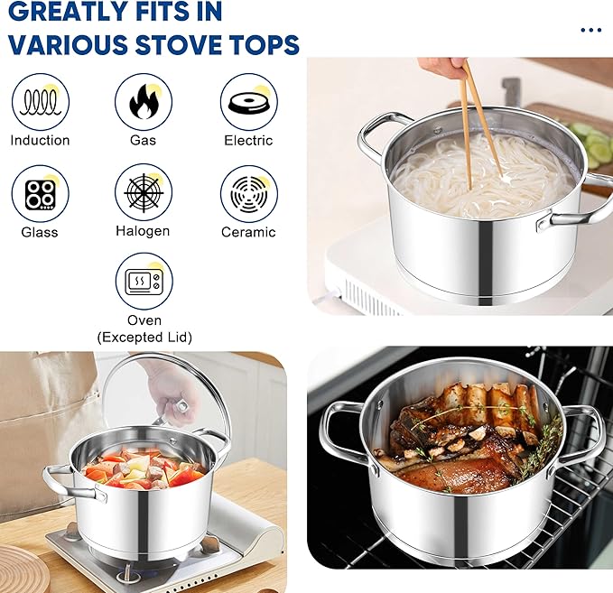 TeamFar 5 QT Stock Pot, Tri-ply Bottom Stainless Steel Stockpot Cooking Soup - Image 4