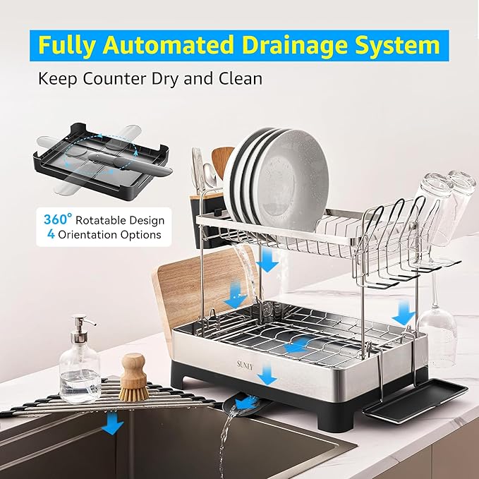 SUNLY 2 Tier Dish Drying Rack, Extra Large Dish Rack, 304 Stainless Steel - Image 4