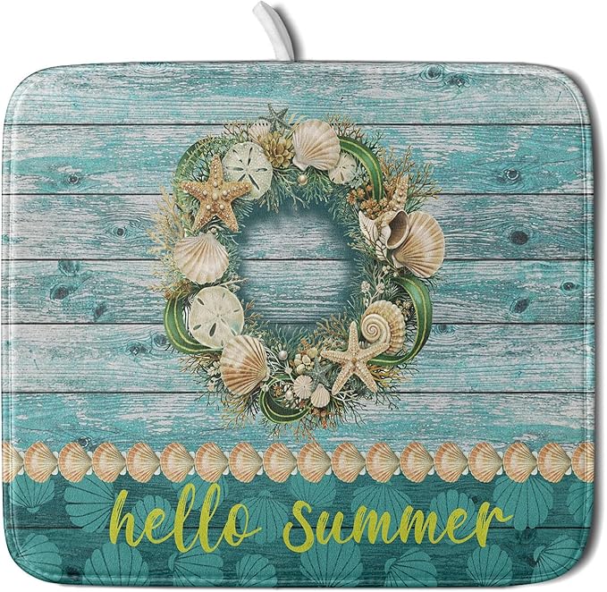 Hello Summer Dish Drying Mat for Kitchen Counter, Sea Shell Starfish Coastal by Anyako