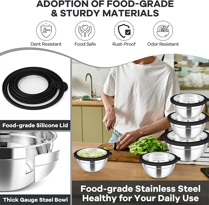 TeamFar Mixing Bowls Set, 4.5/3/1.5/1/0.7 QT Stainless Steel Nesting Salad Bowls - Image 3